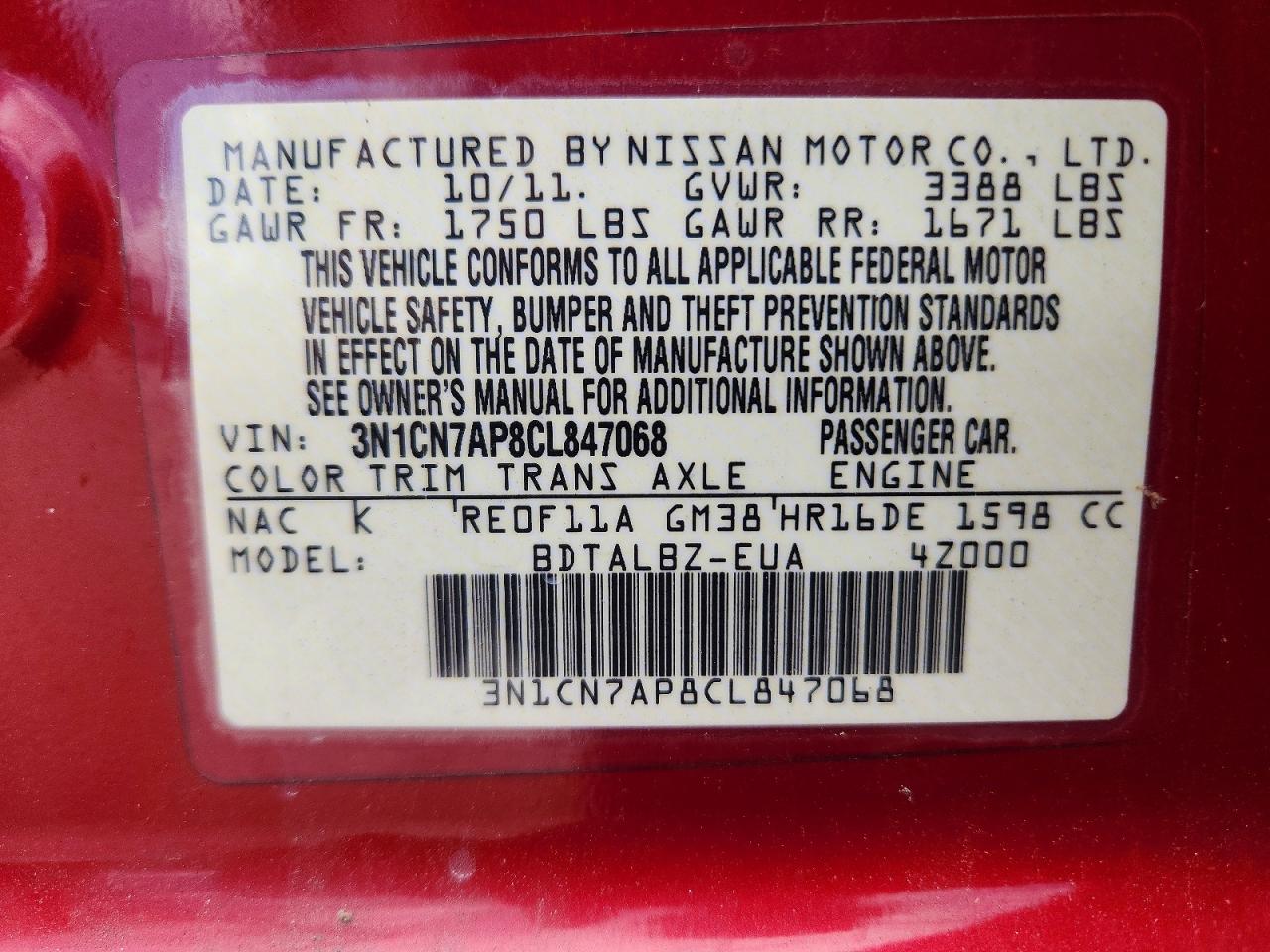 2012 Nissan Versa 1.6 S Red vin: 3N1CN7AP8CL847068