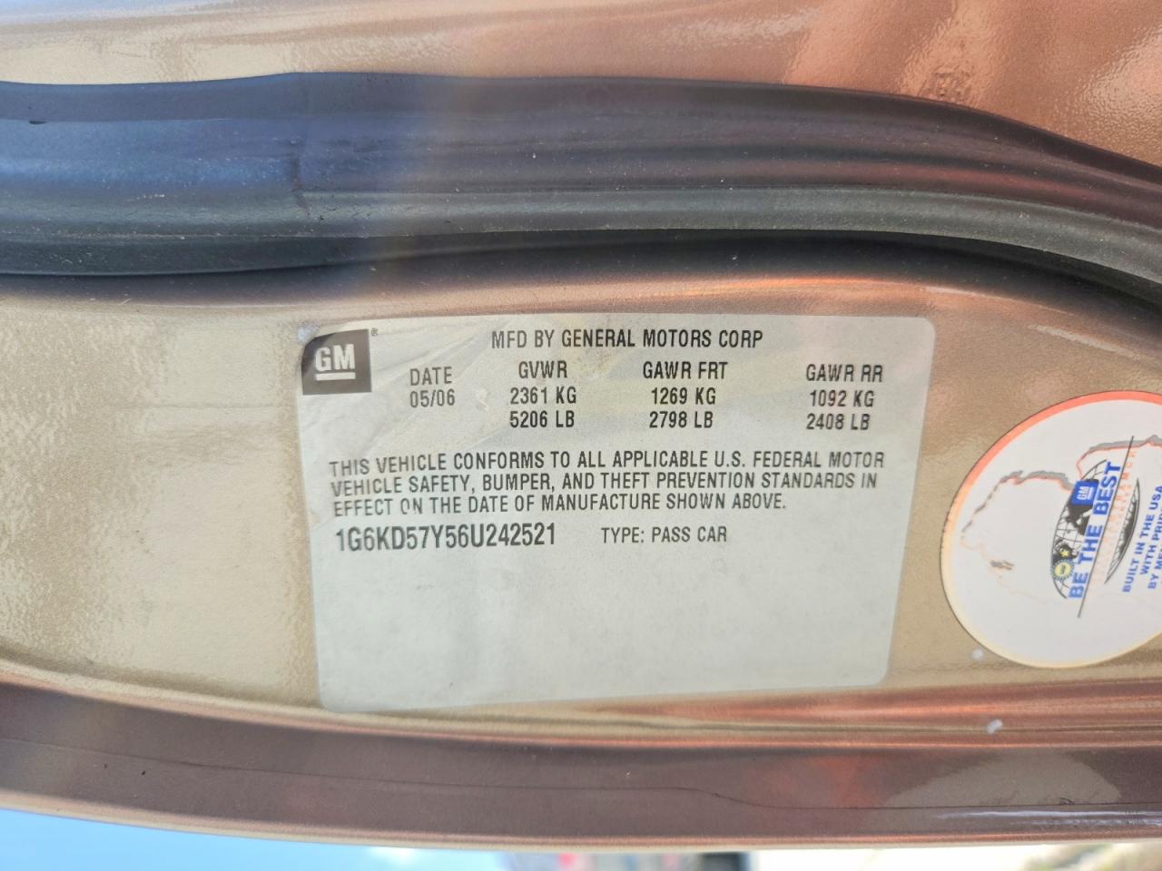 2006 Cadillac Dts Gold vin: 1G6KD57Y56U242521