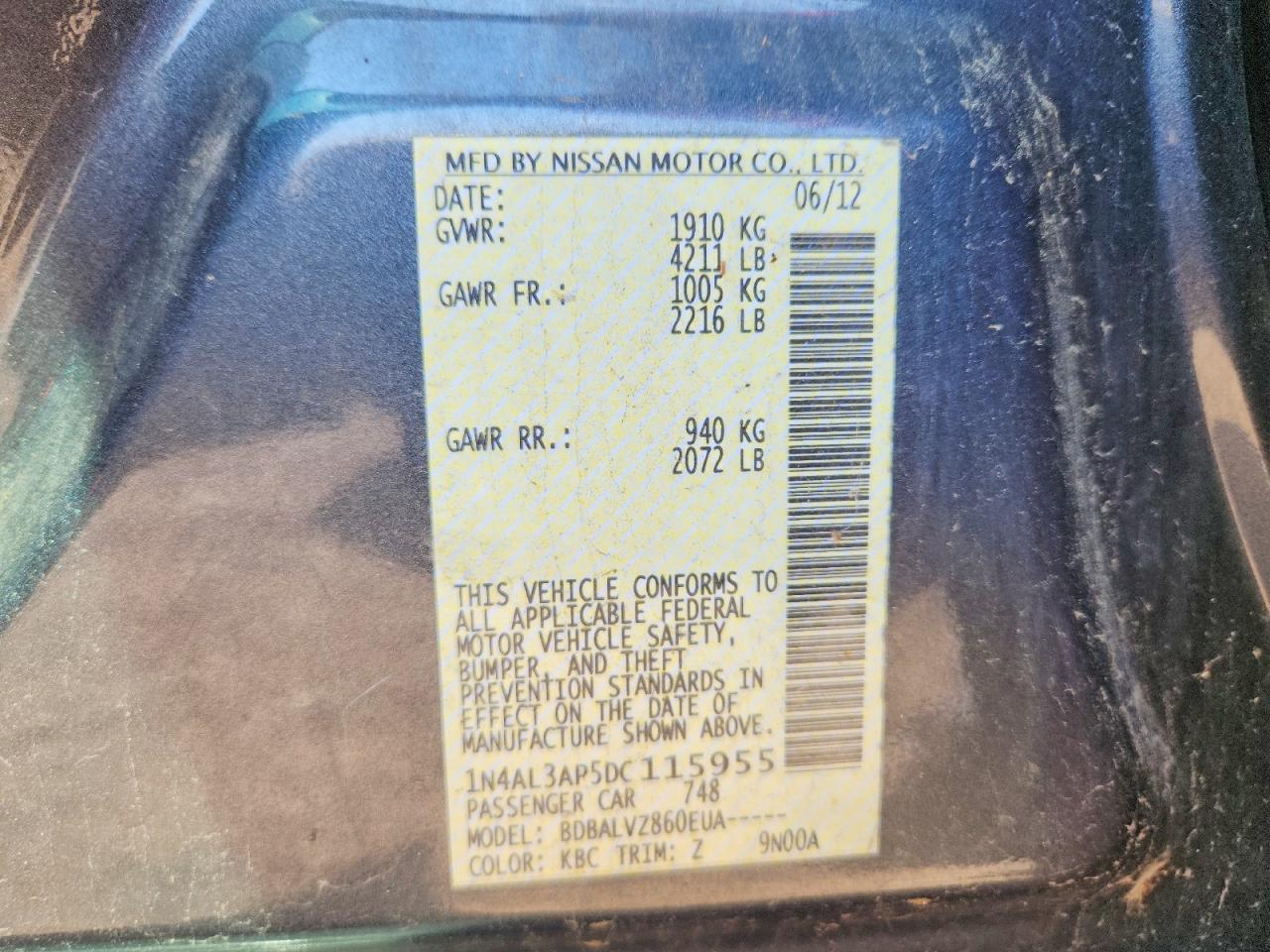 2013 Nissan Altima 2.5 Charcoal vin: 1N4AL3AP5DC115955
