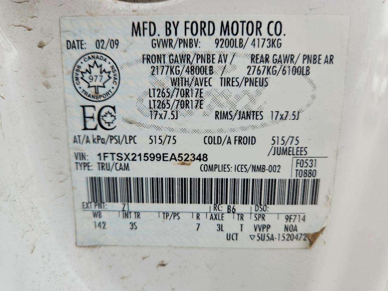 2009 Ford F250 Super Duty Белый vin: 1FTSX21599EA52348