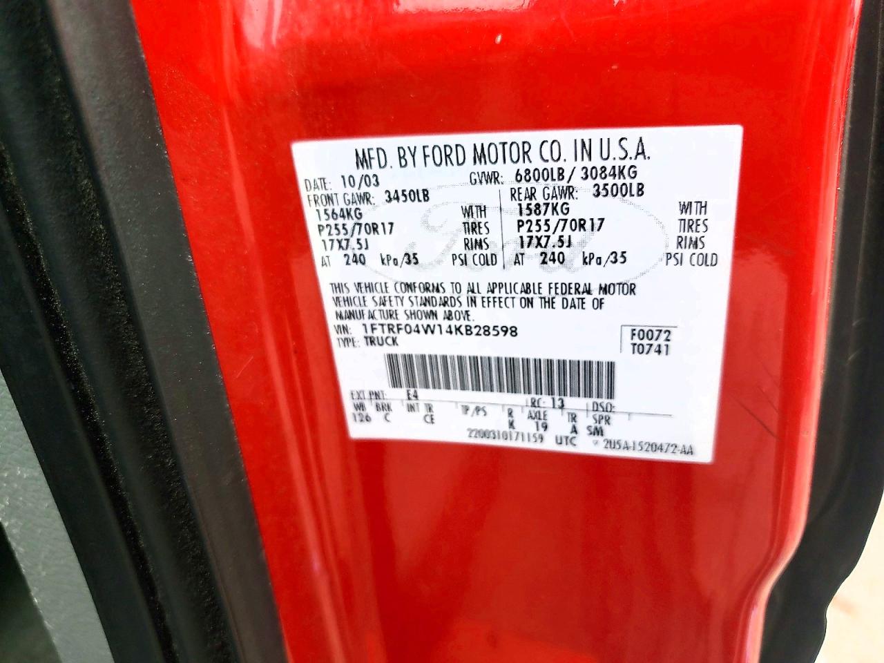 2004 Ford F150 Lariat Red vin: 1FTRF04W14KB28598