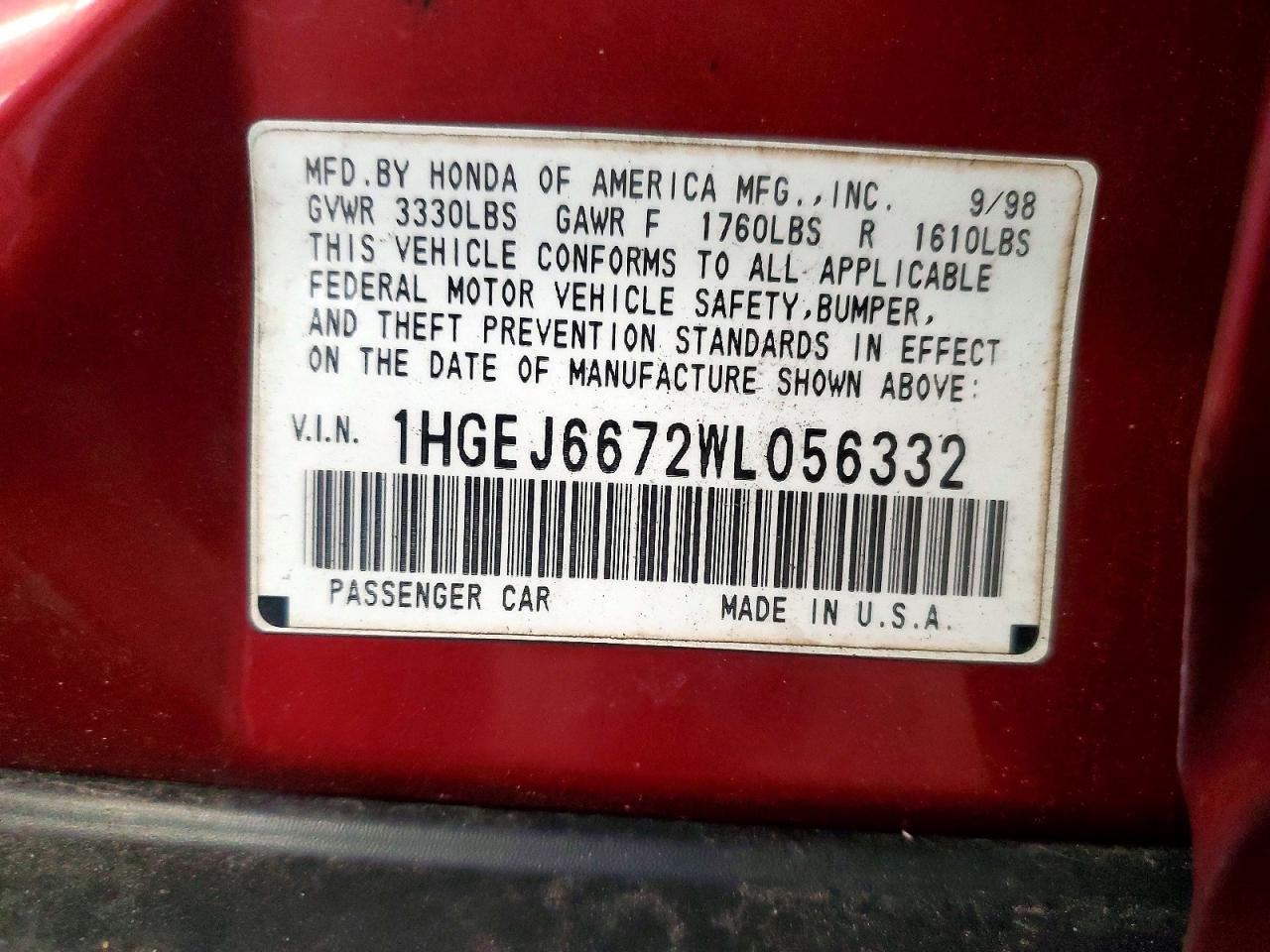 1998 Honda Civic Lx Red vin: 1HGEJ6672WL056332