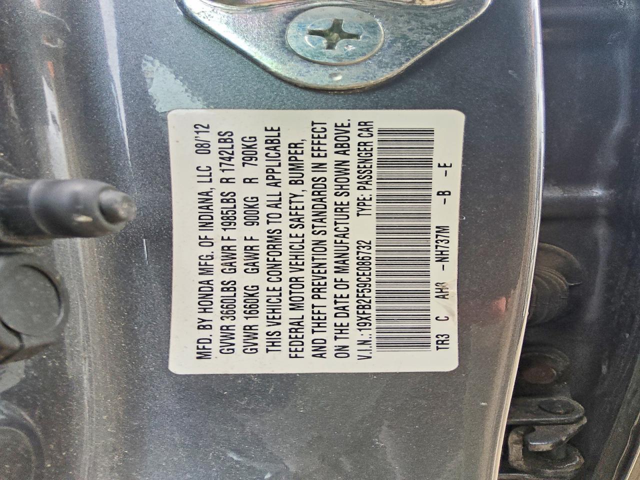 2012 Honda Civic Lx Gray vin: 19XFB2F59CE086732