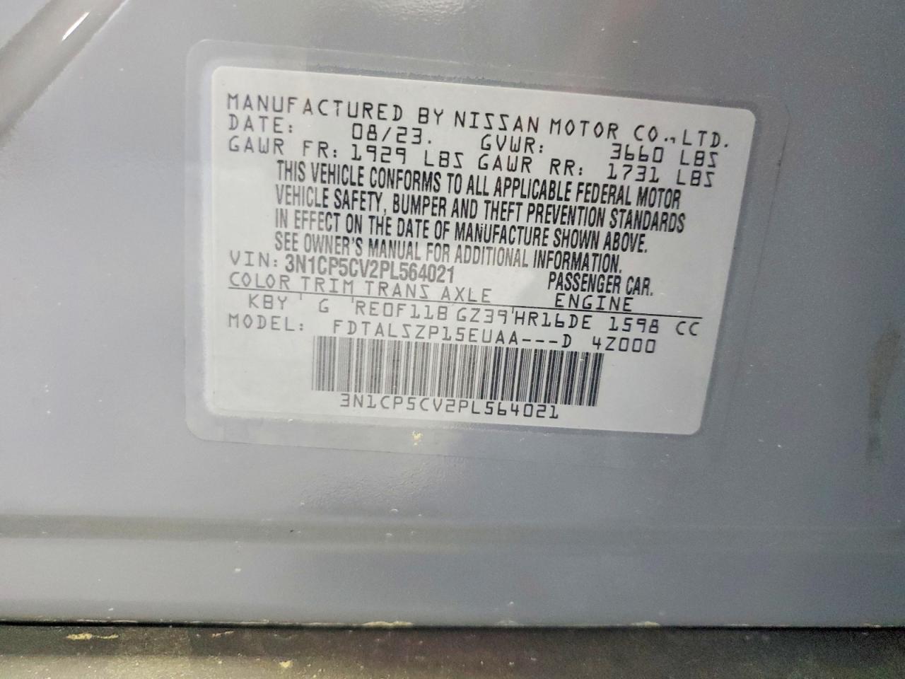 2023 Nissan Kicks Sv Gray vin: 3N1CP5CV2PL564021