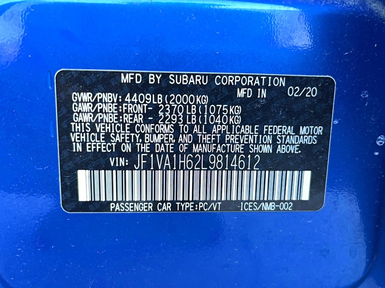 2020 Subaru Wrx Limited Blue vin: JF1VA1H62L9814612