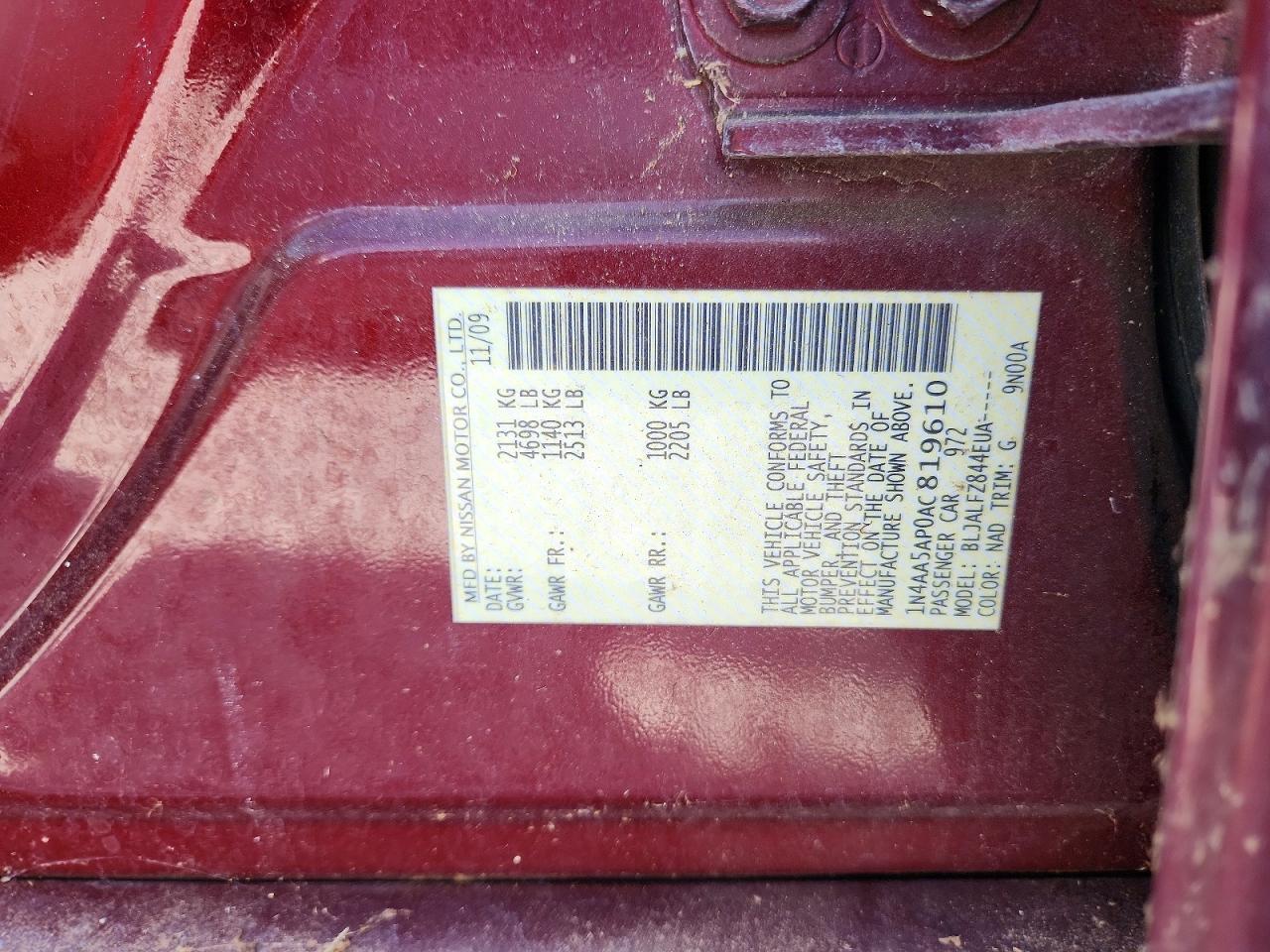 2010 Nissan Maxima 3.5 S Burgundy vin: 1N4AA5AP0AC819610