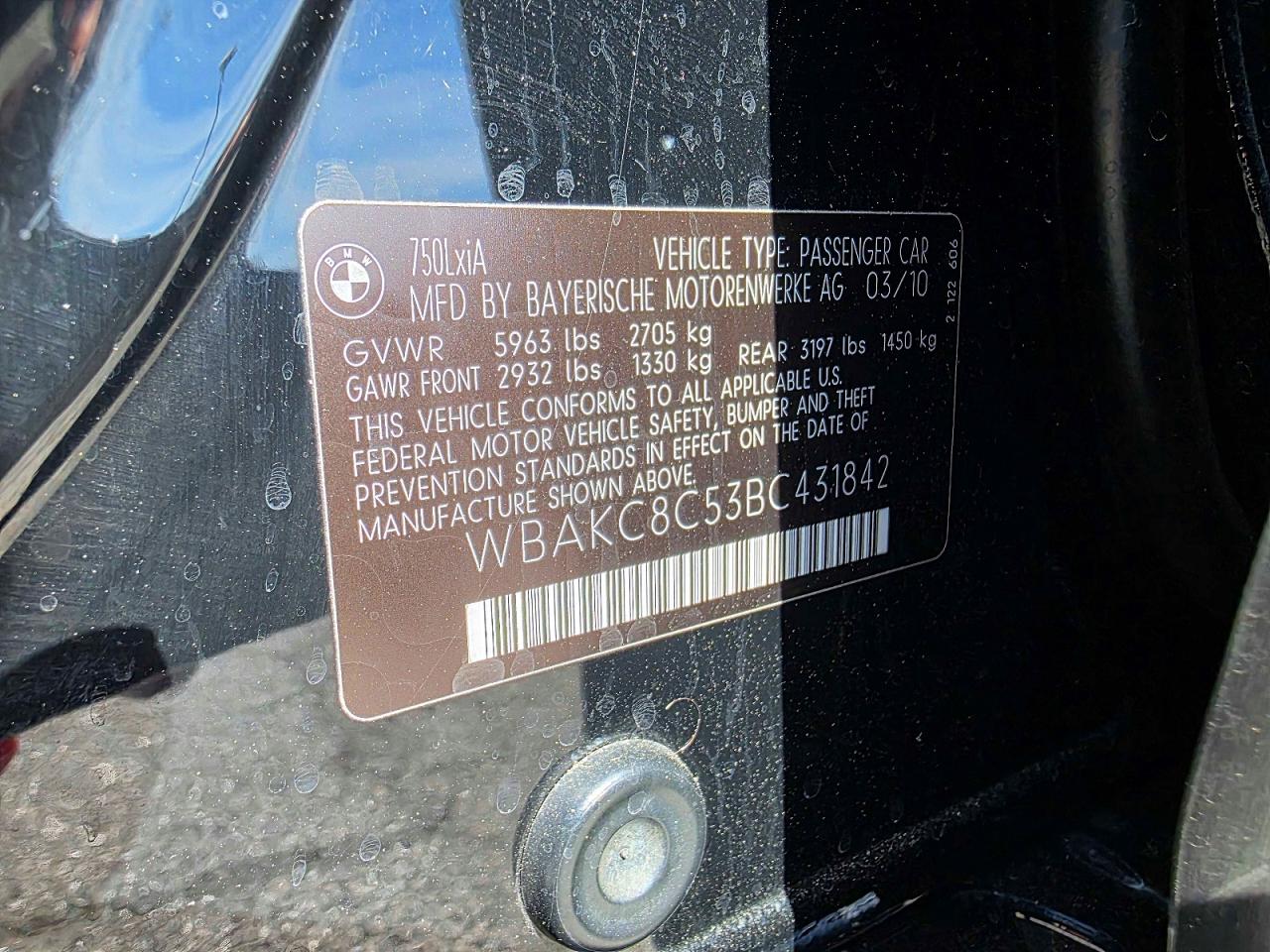 2011 Bmw 750 Li Black vin: WBAKC8C53BC431842
