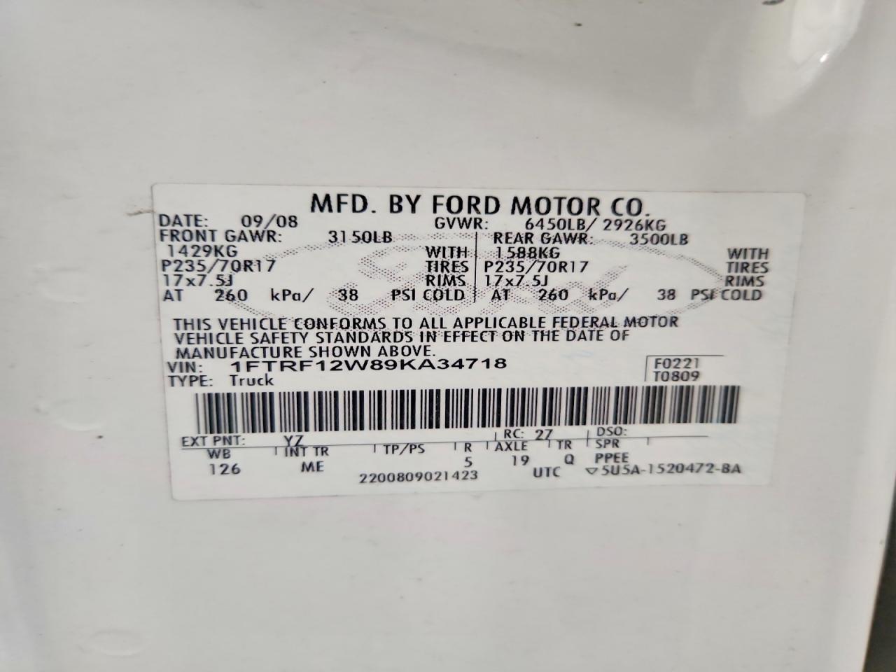 2009 Ford F150 White vin: 1FTRF12W89KA34718