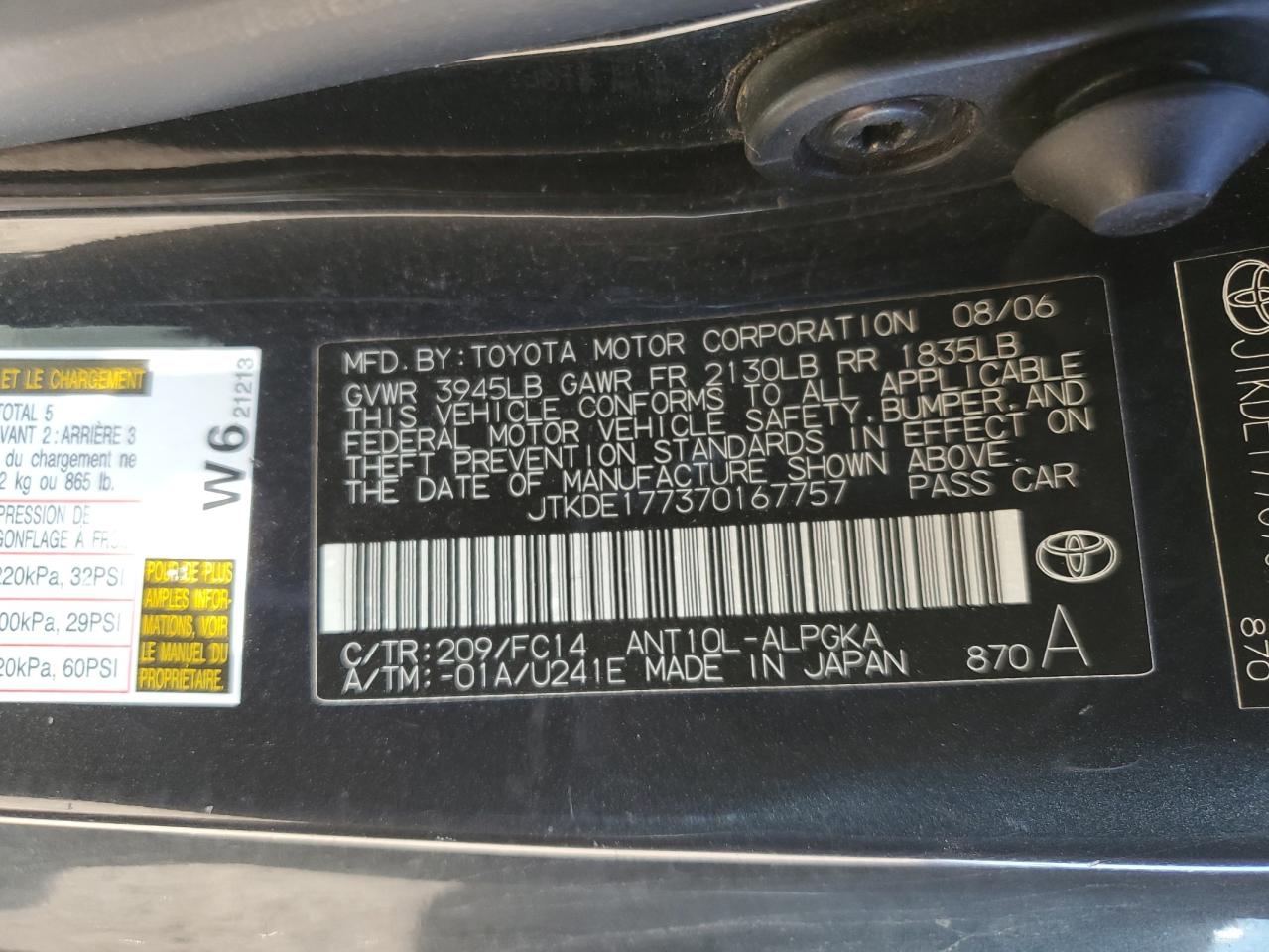 2007 Toyota Scion Tc Black vin: JTKDE177370167757