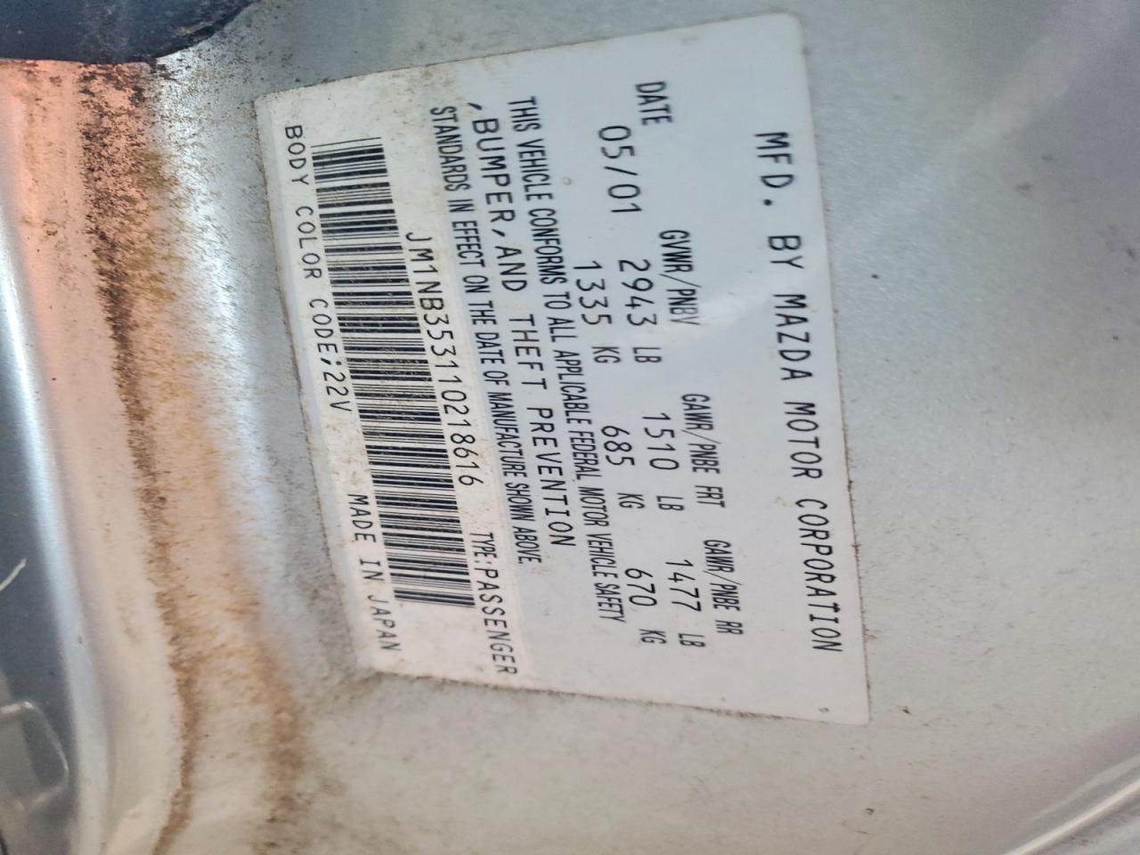 2001 Mazda Mx-5 Miata Base Silver vin: JM1NB353110218616