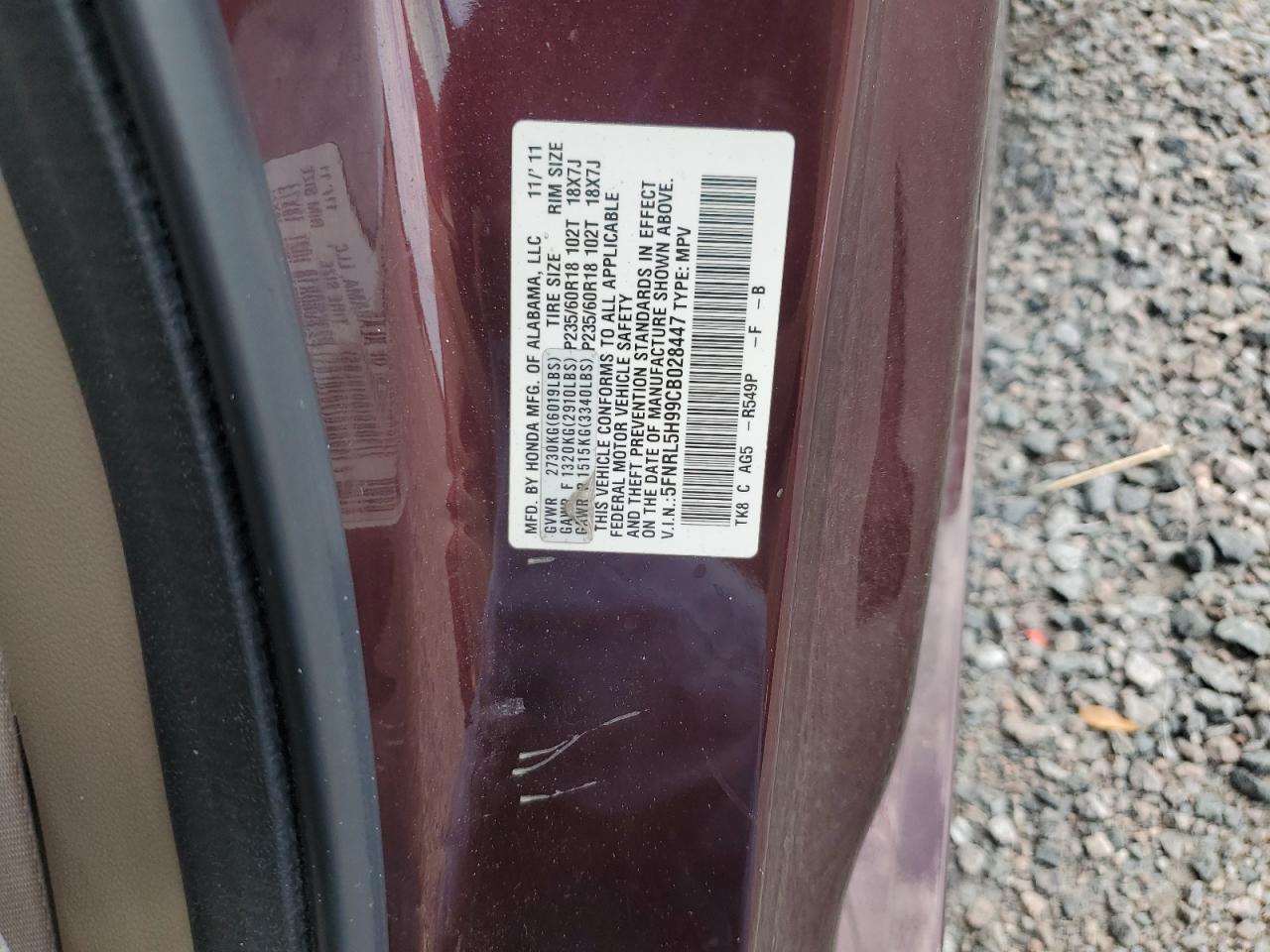 2012 Hond Odyssey Touring/touring Elite Burgundy vin: 5FNRL5H99CB028447