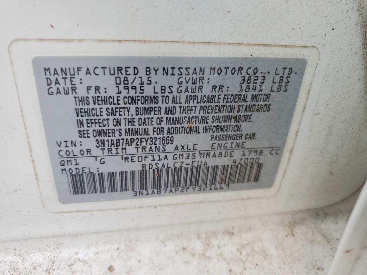 2015 Nissan Sentra S White vin: 3N1AB7AP2FY321669