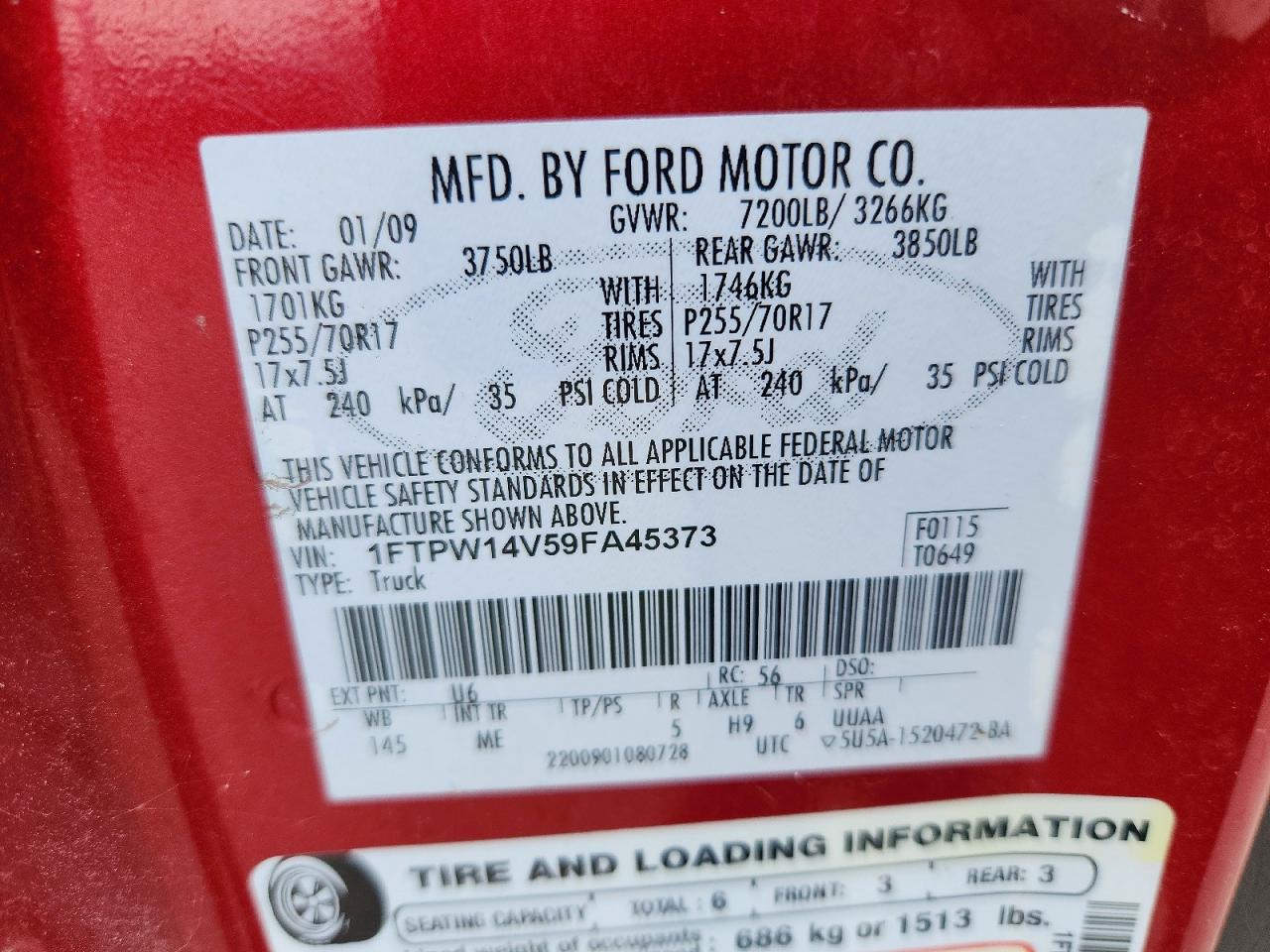 2009 Ford F150 Supercrew Red vin: 1FTPW14V59FA45373