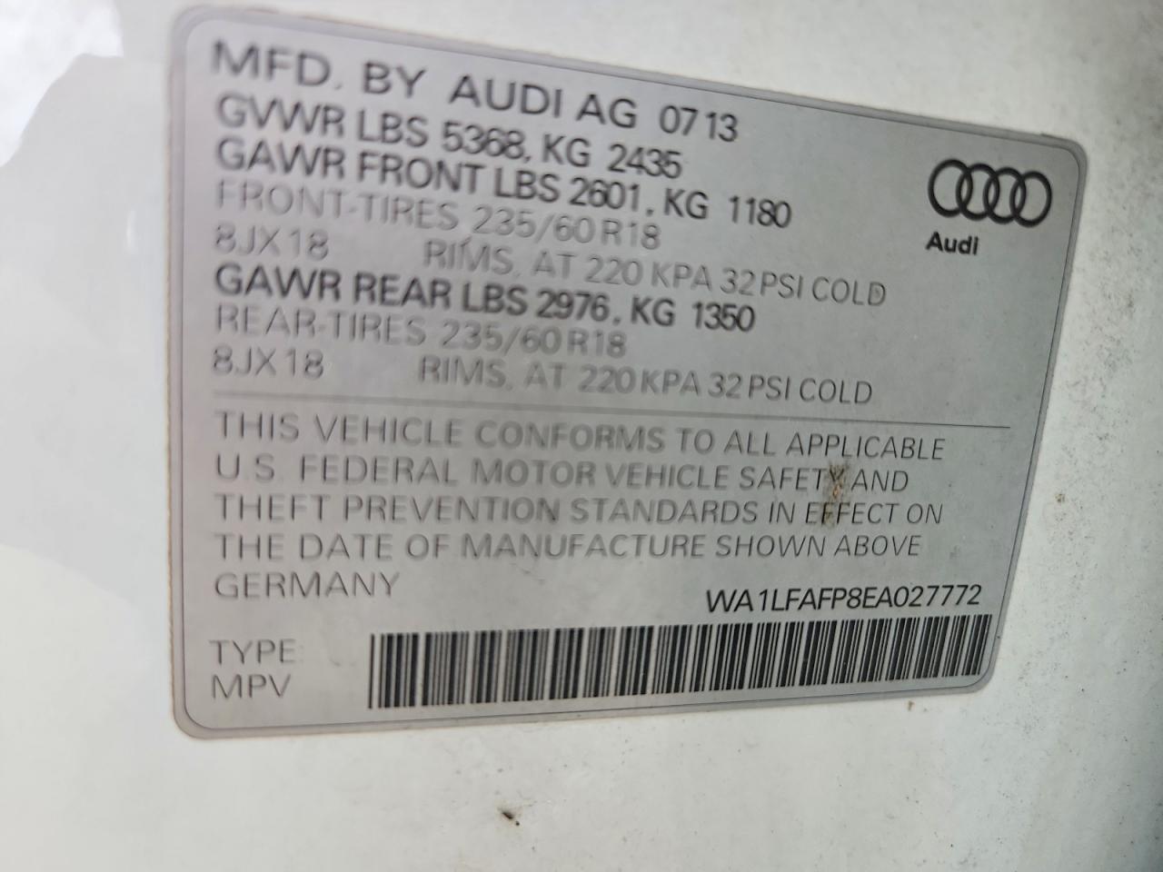 2014 Audi Q5 Premium Plus White vin: WA1LFAFP8EA027772