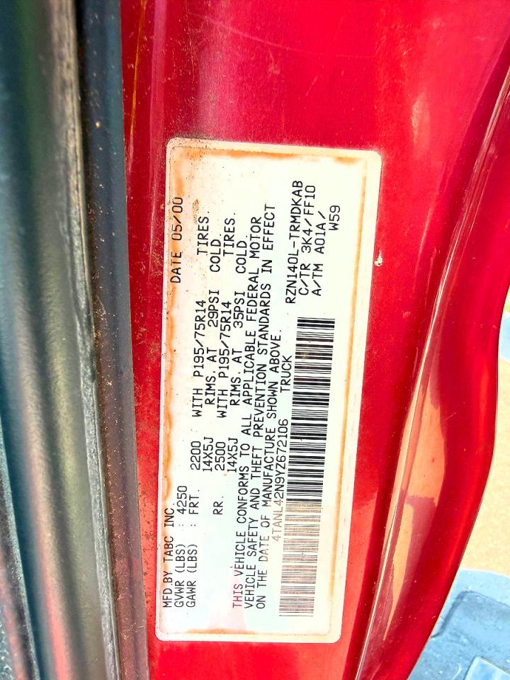 2000 Toyota Tacoma Base Burgundy vin: 4TANL42N9YZ672106