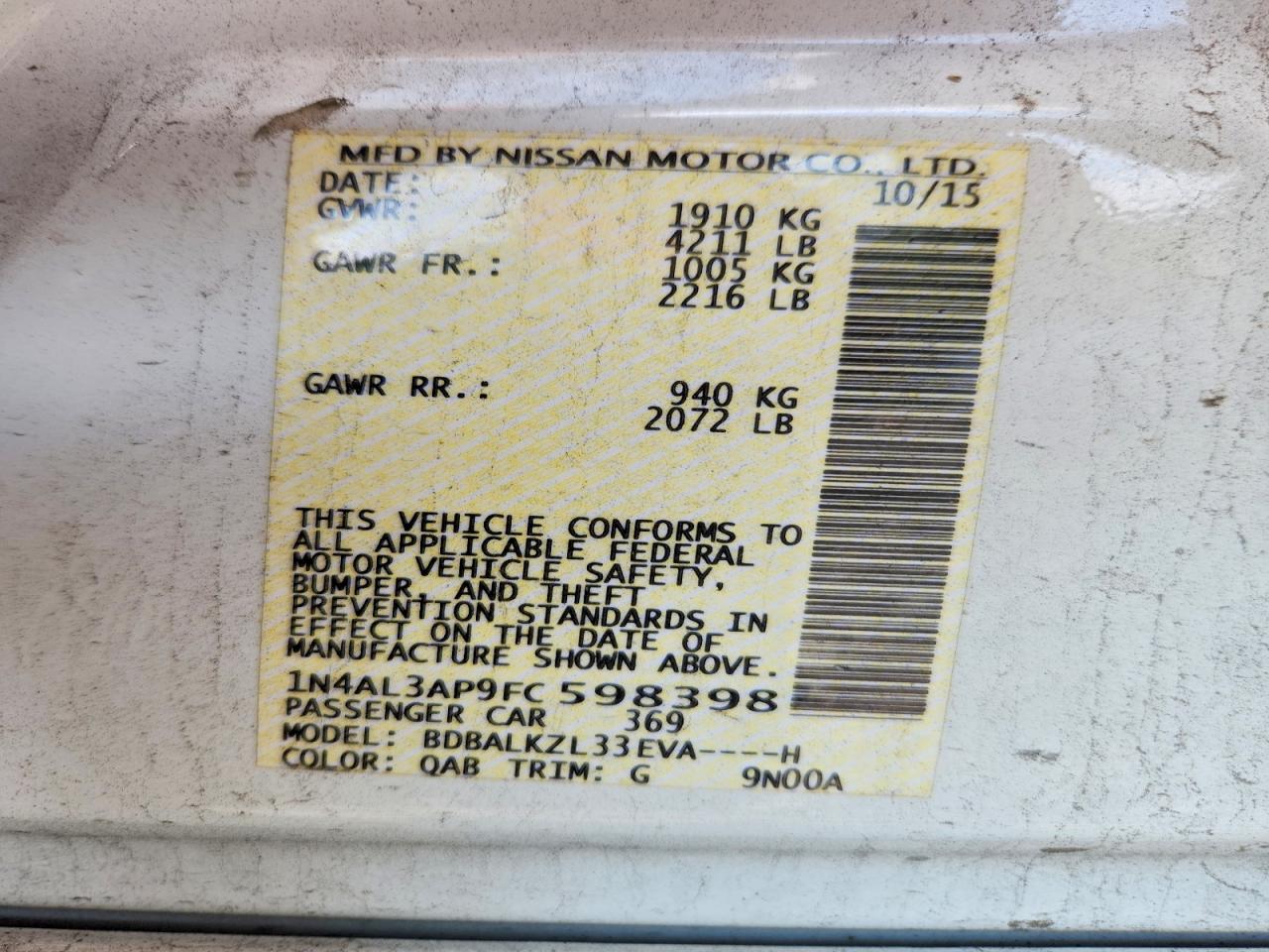 2015 Nissan Altima 2.5 Sv White vin: 1N4AL3AP9FC598398