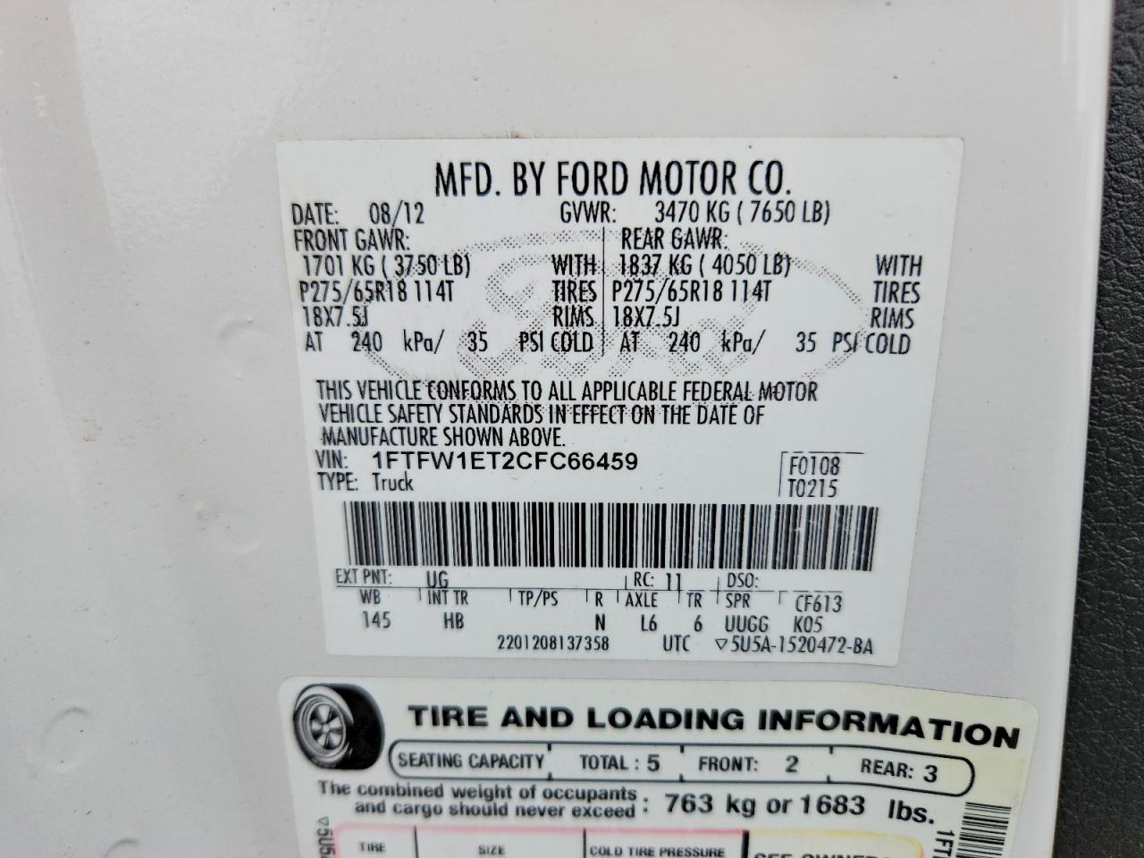 2012 Ford F150 Supercrew White vin: 1FTFW1ET2CFC66459