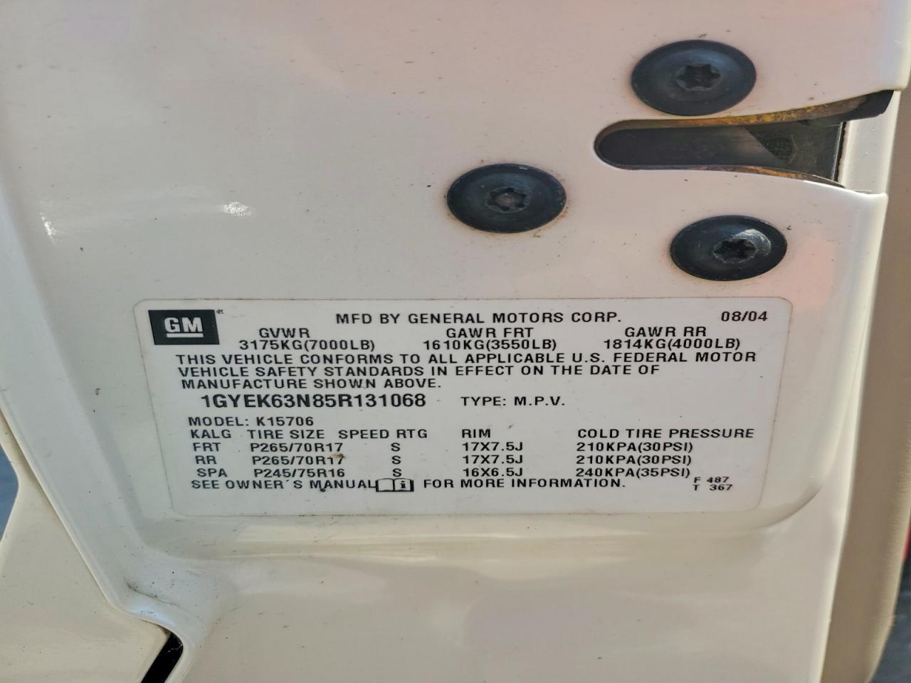 2005 Cadillac Escalade Luxury White vin: 1GYEK63N85R131068