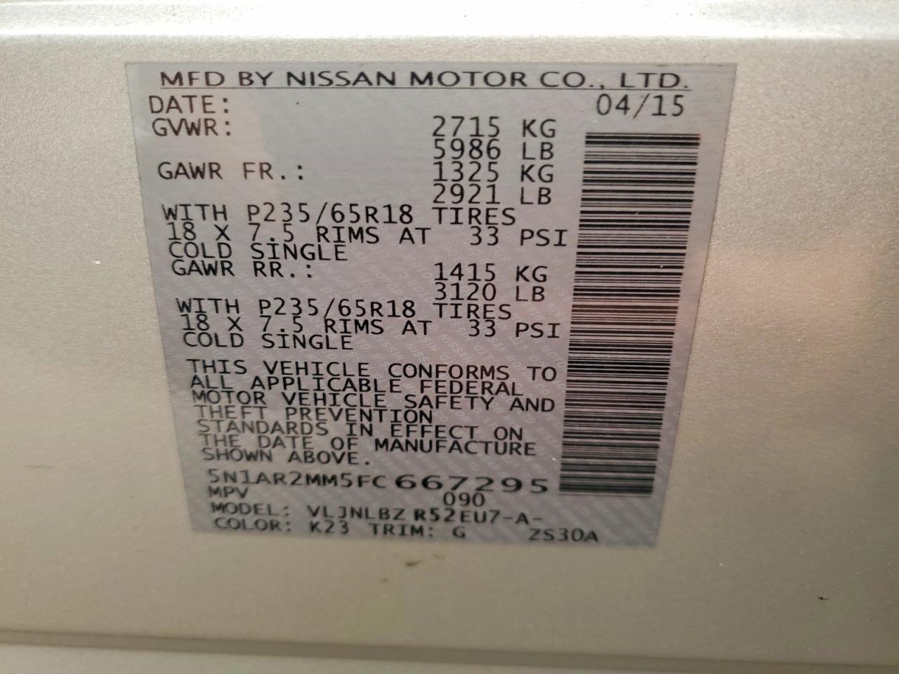 2015 Nissan Pathfinder S Silver vin: 5N1AR2MM5FC667295