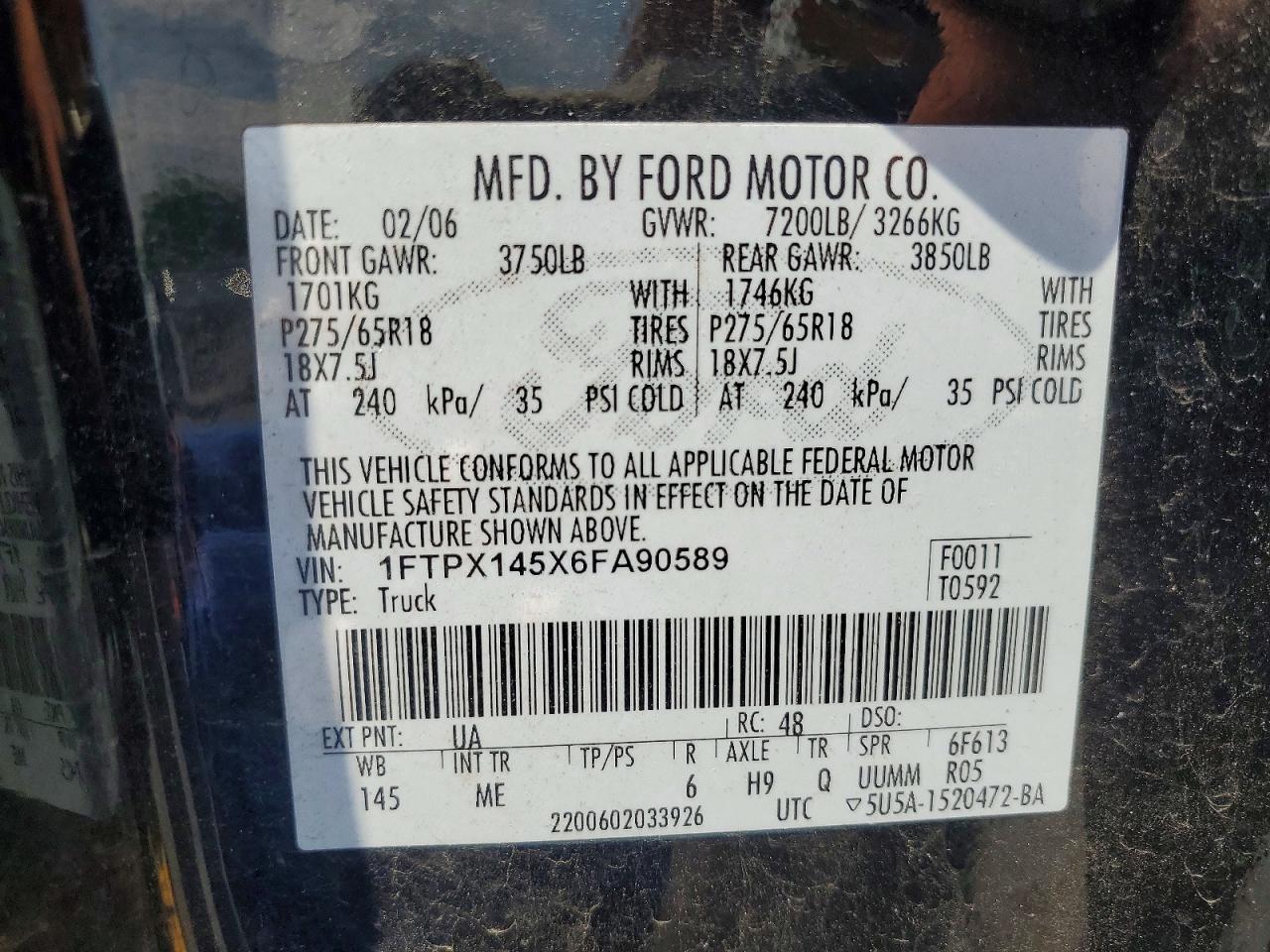 2006 Ford F150 Черный vin: 1FTPX145X6FA90589