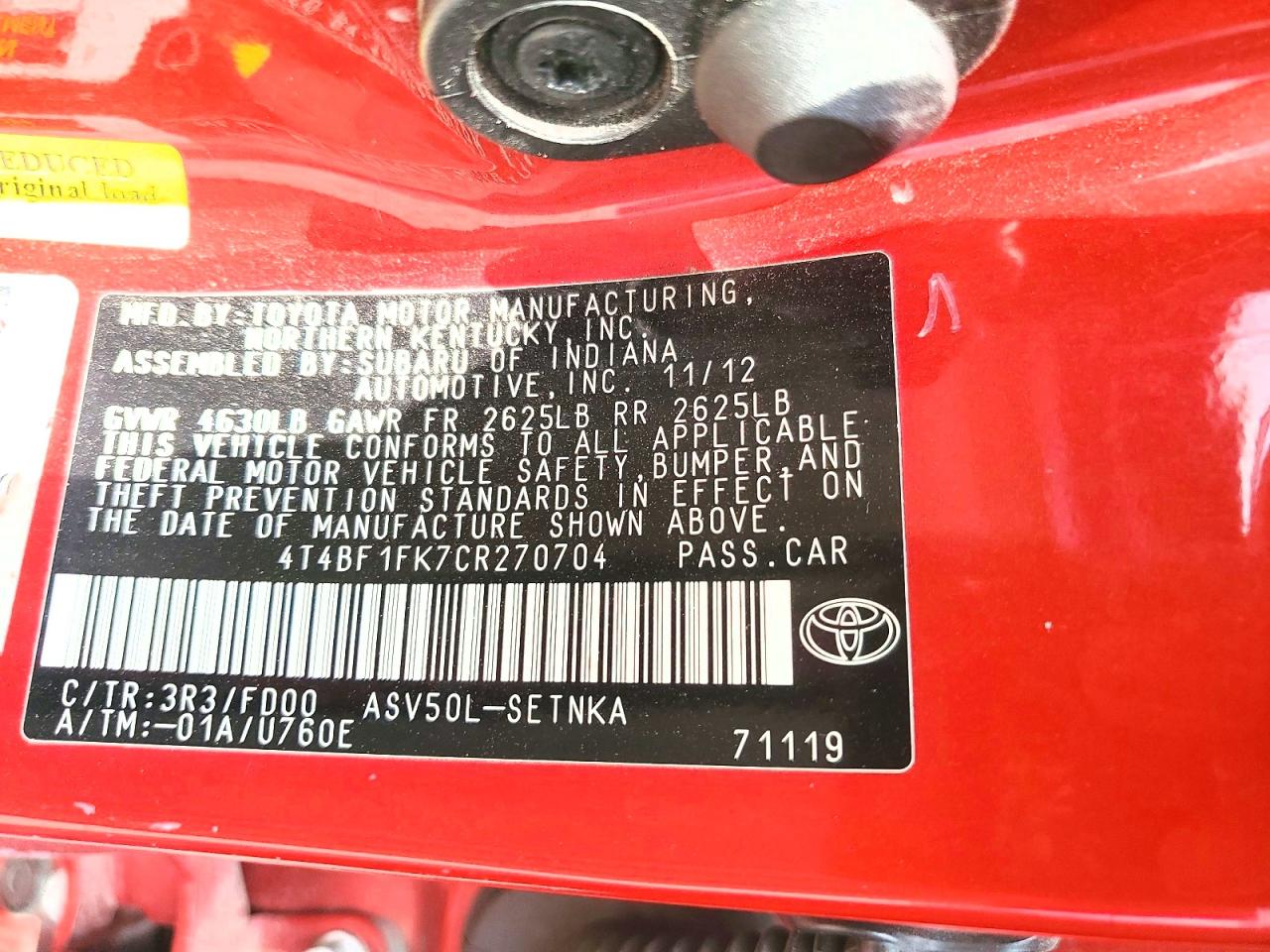 2012 Toyota Camry Le Red vin: 4T4BF1FK7CR270704