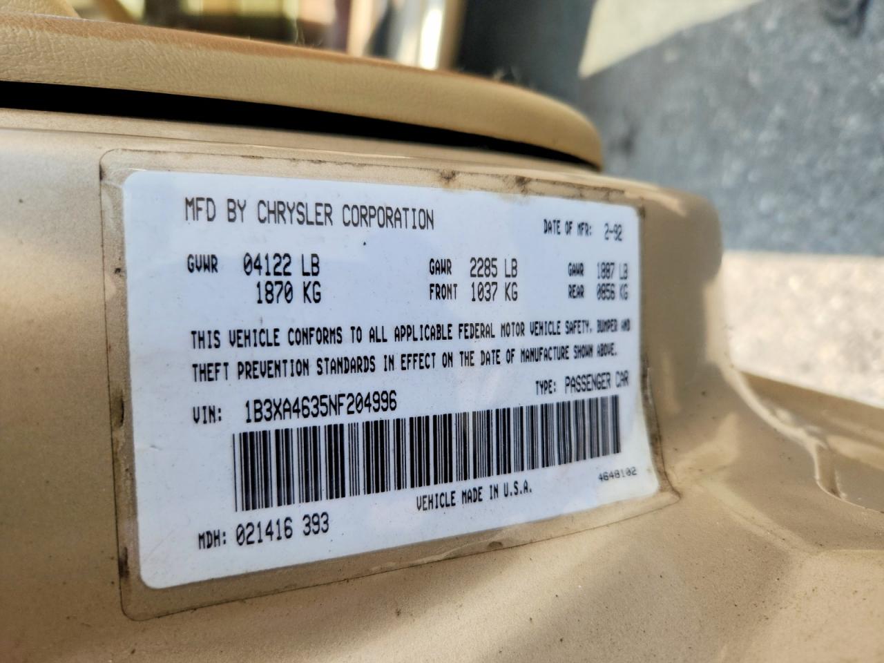 1992 Dodge Spirit Tan vin: 1B3XA4635NF204996