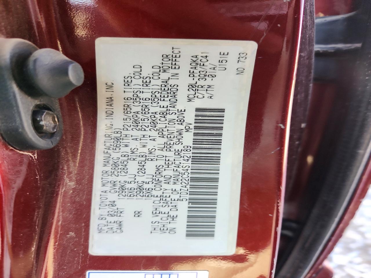 2004 Toyota Sienna Xle 7 Passenger Burgundy vin: 5TDZA22C54S142189