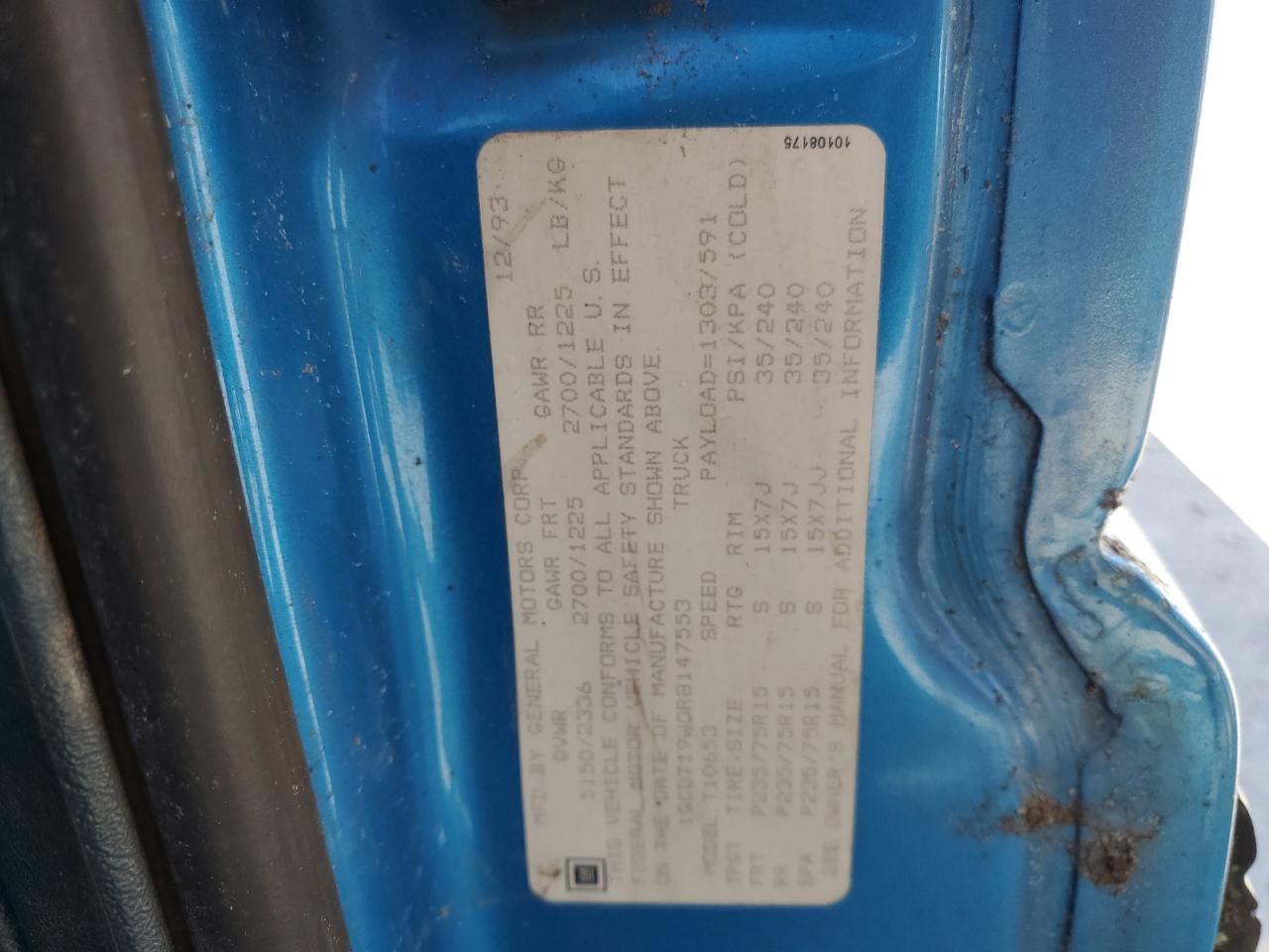 1994 Chevrolet S Truck S10 Blue vin: 1GCDT19W0R8147553