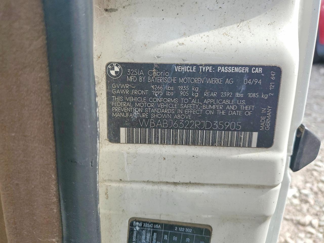 1994 Bmw 325 Ic Automatic Белый vin: WBABJ6322RJD35905