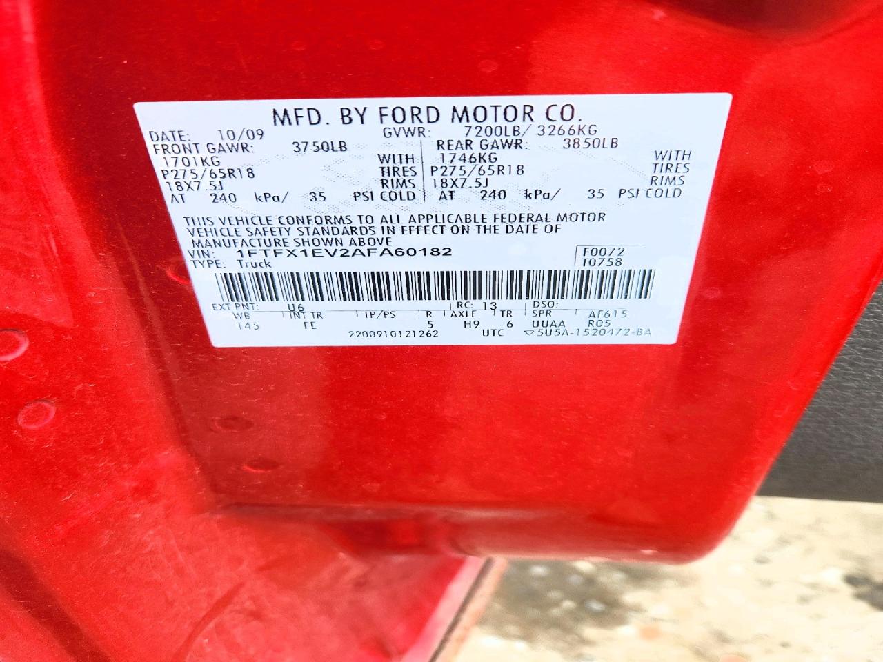 2010 Ford F150 Super Cab Red vin: 1FTFX1EV2AFA60182