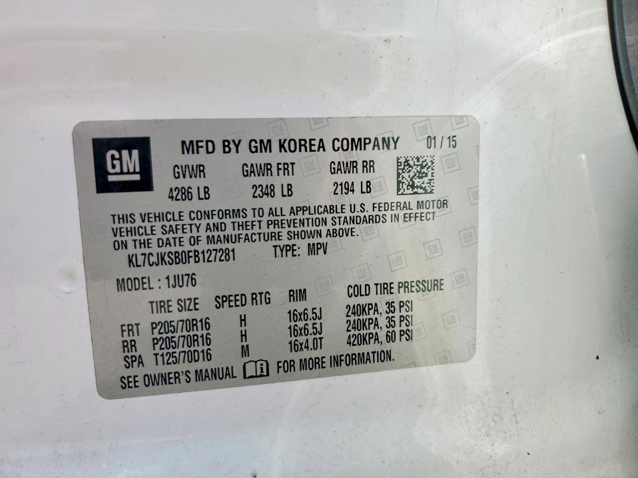 2015 Chevrolet Trax Ls White vin: KL7CJKSB0FB127281