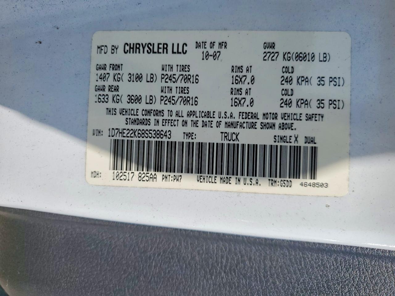 2008 Dodge Dakota St White vin: 1D7HE22K68S538643
