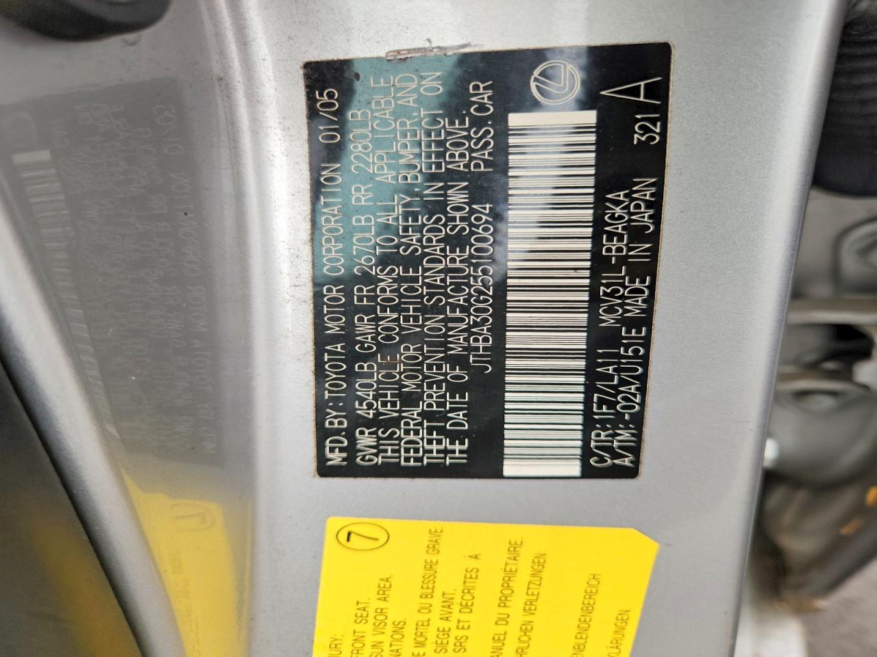 2005 Lexus Es 330 Silver vin: JTHBA30G255100694