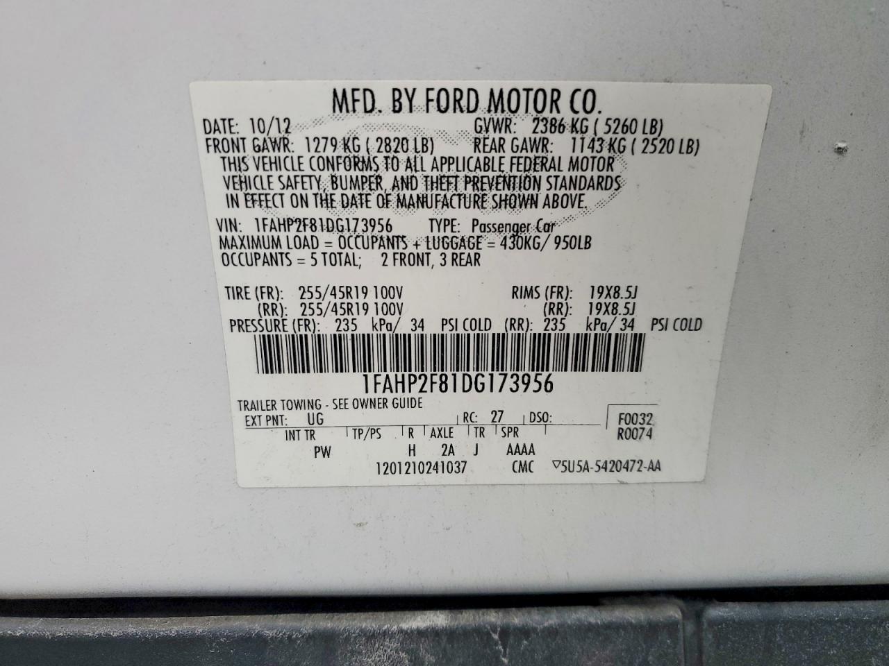 2013 Ford Taurus Limited White vin: 1FAHP2F81DG173956