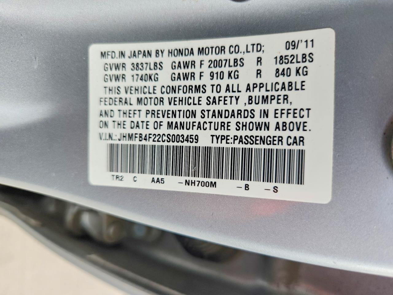 2012 Honda Civic Hybrid Gray vin: JHMFB4F22CS003459