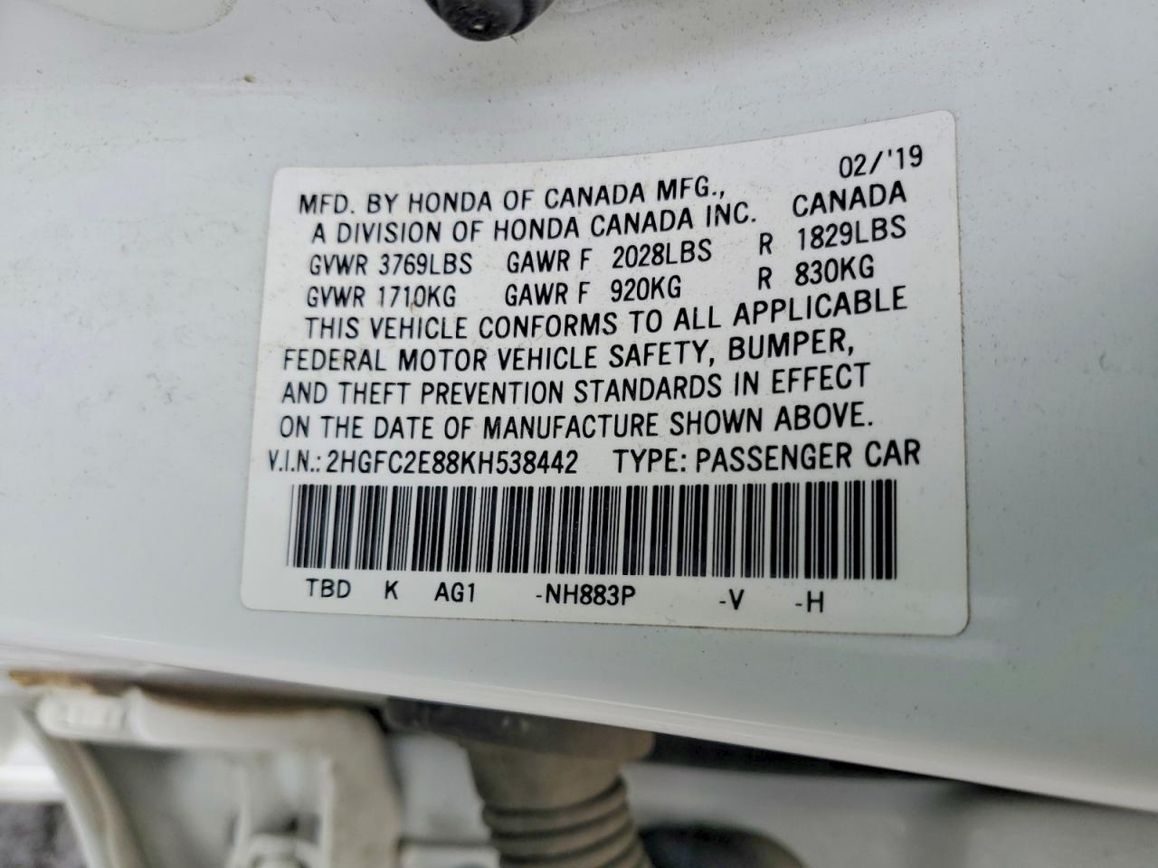 2019 Honda Civic Sport White vin: 2HGFC2E88KH538442