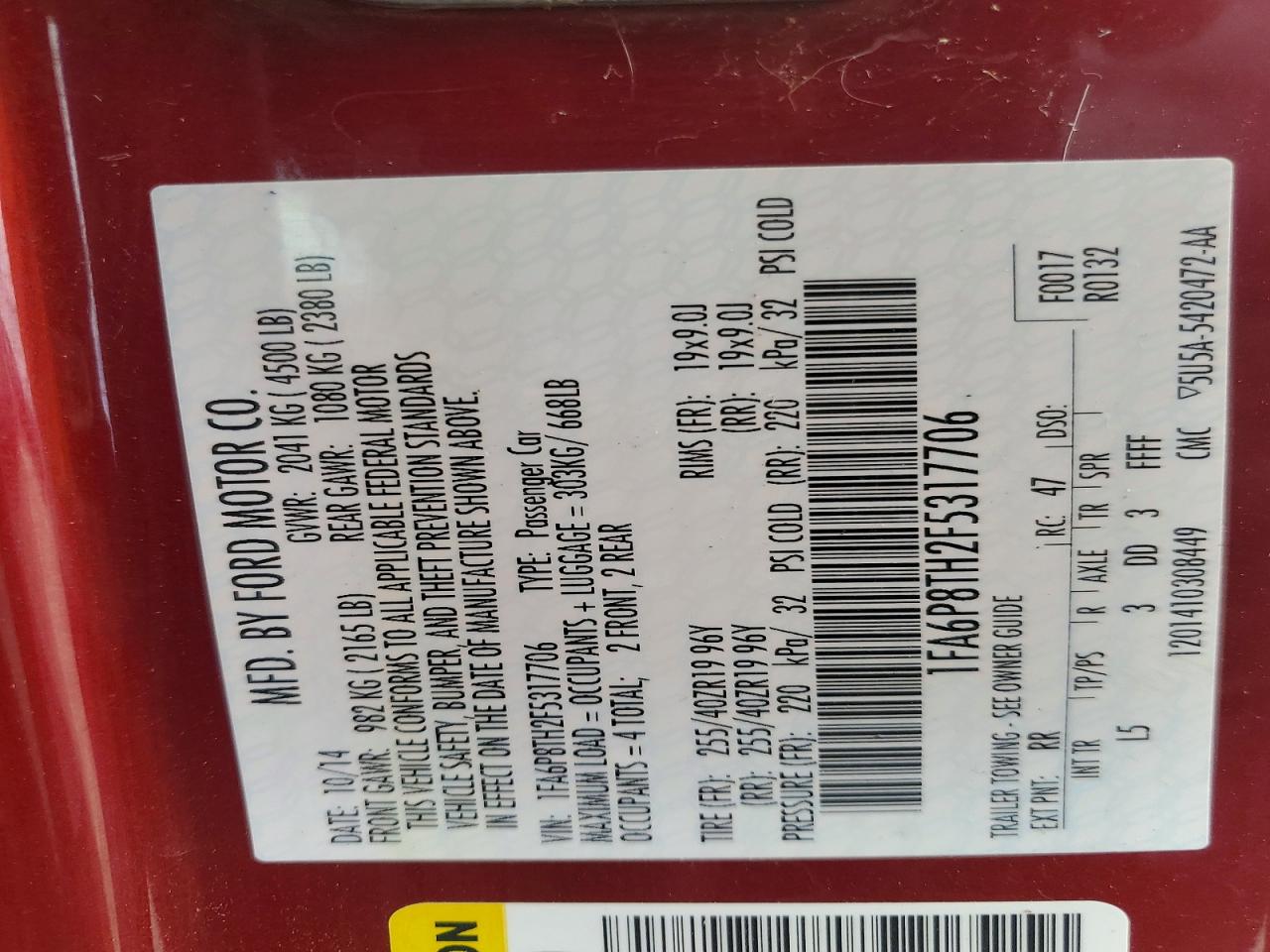 2015 Ford Mustang Red vin: 1FA6P8TH2F5317706