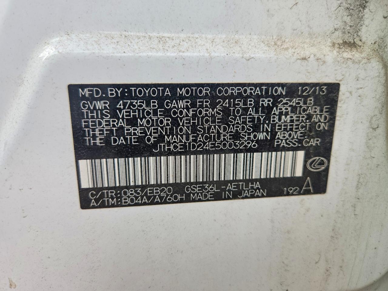 2014 Lexus Is 350 White vin: JTHCE1D24E5003296