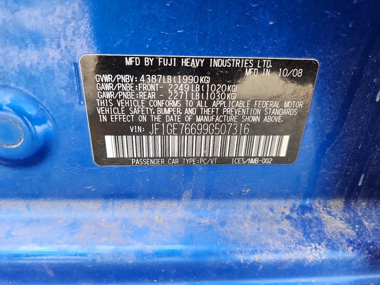 2009 Subaru Impreza Wrx Blue vin: JF1GE76699G507316