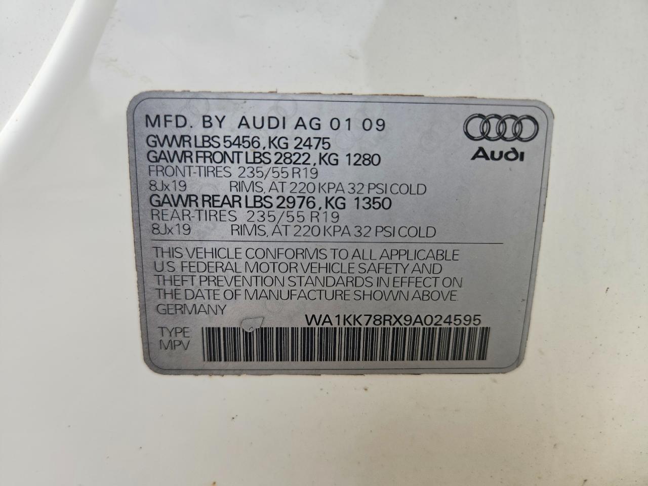 2009 Audi Q5 3.2 White vin: WA1KK78RX9A024595