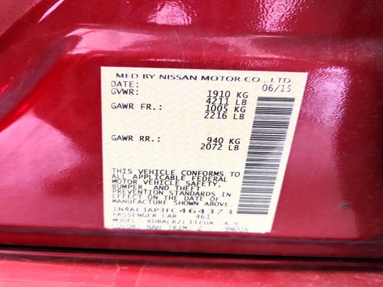 2015 Nissan Altima 2.5 Sl Красный vin: 1N4AL3AP3FC464373