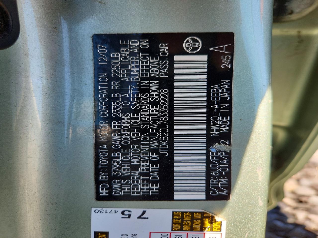 2008 Toyota Prius Base Green vin: JTDKB20U783352228