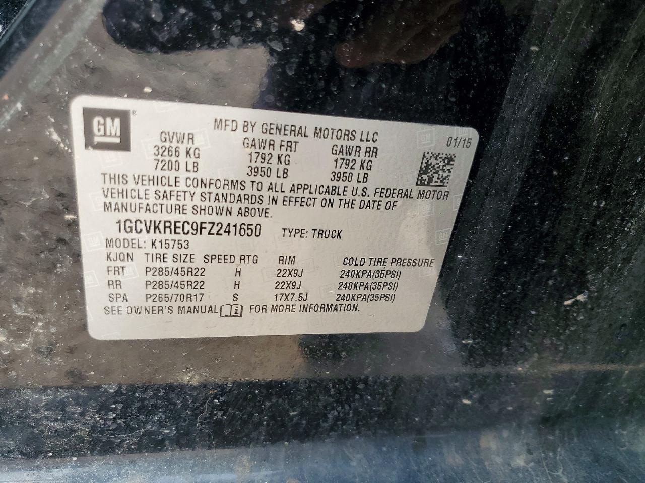 2015 Chevrolet Silverado K1500 Lt Black vin: 1GCVKREC9FZ241650