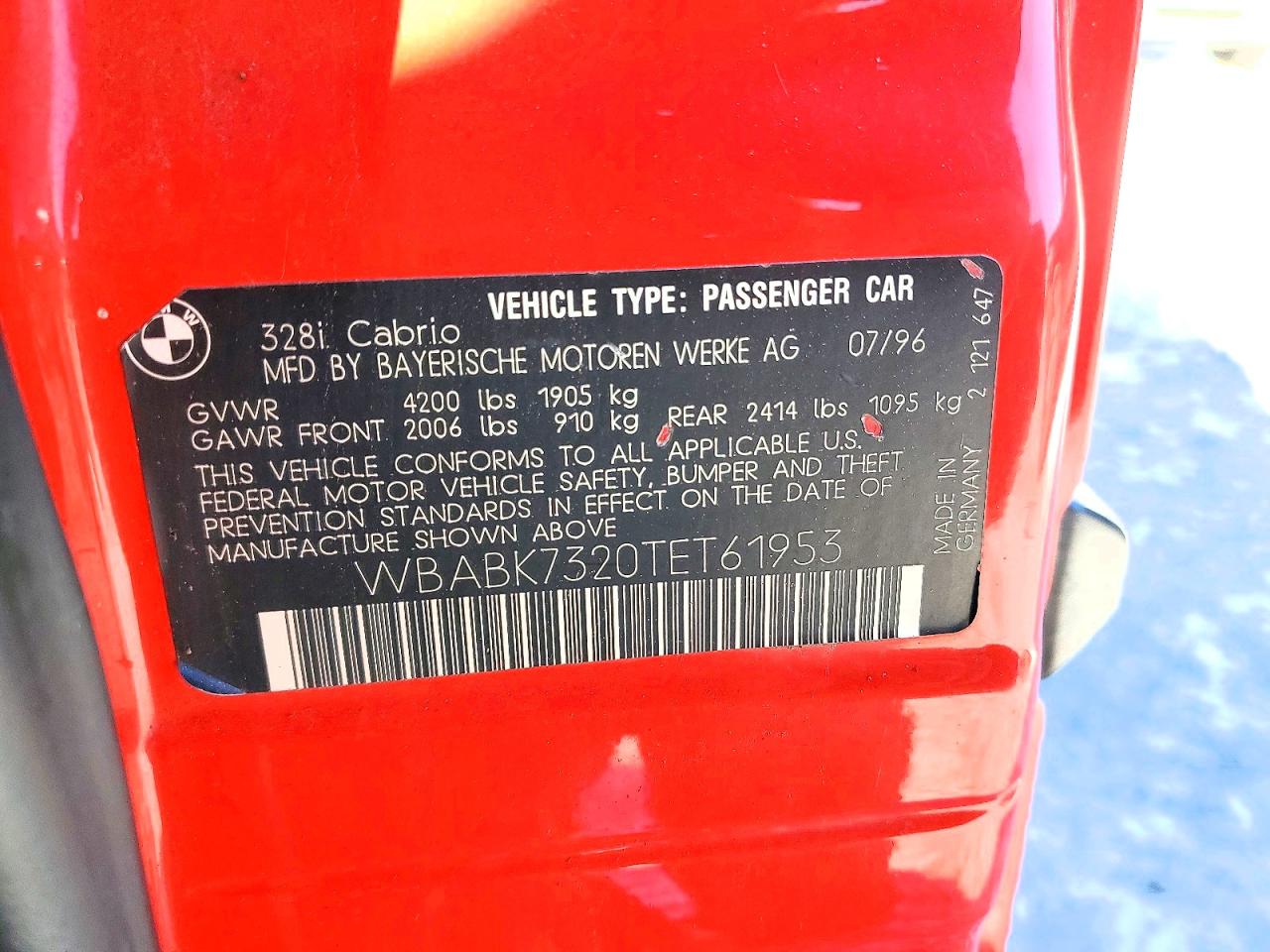 1996 Bmw 328 Ic Red vin: WBABK7320TET61953