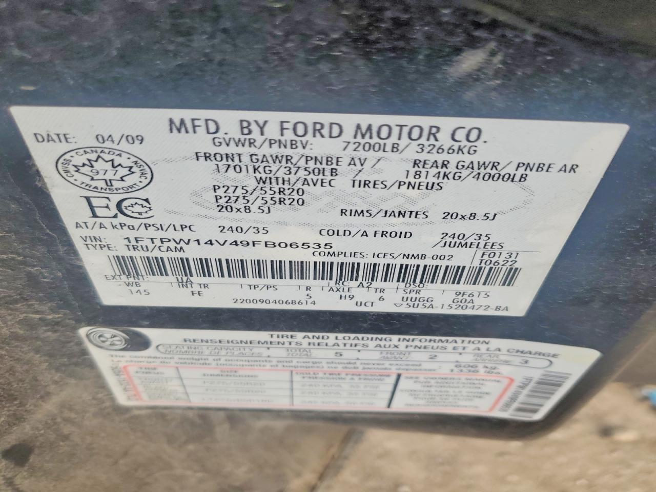 2009 Ford F150 Supercrew Black vin: 1FTPW14V49FB06535