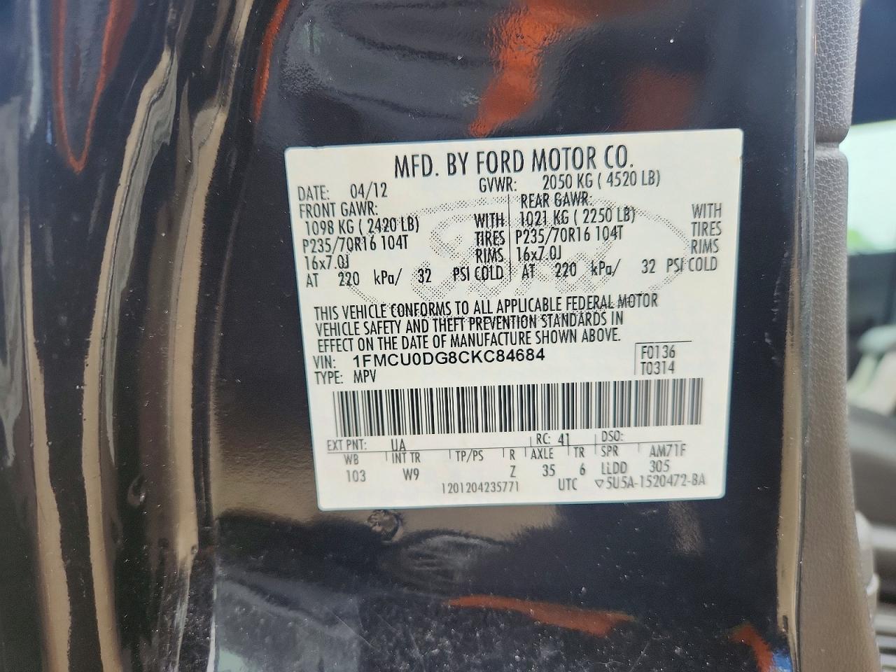 2012 Ford Escape Xlt Black vin: 1FMCU0DG8CKC84684