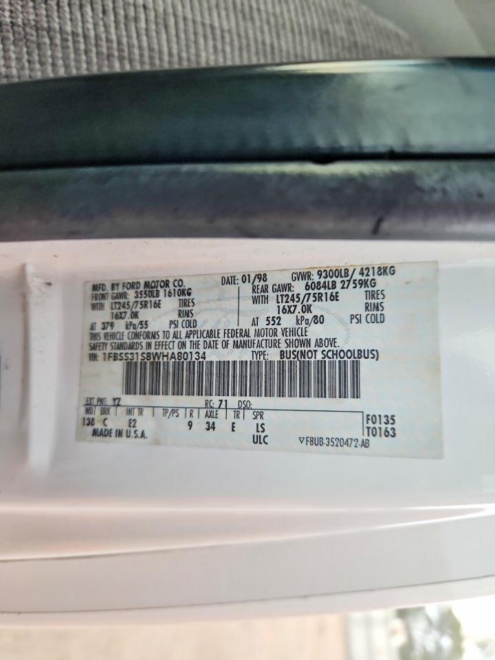 1998 Ford Econoline E350 Super Duty White vin: 1FBSS31S8WHA80134