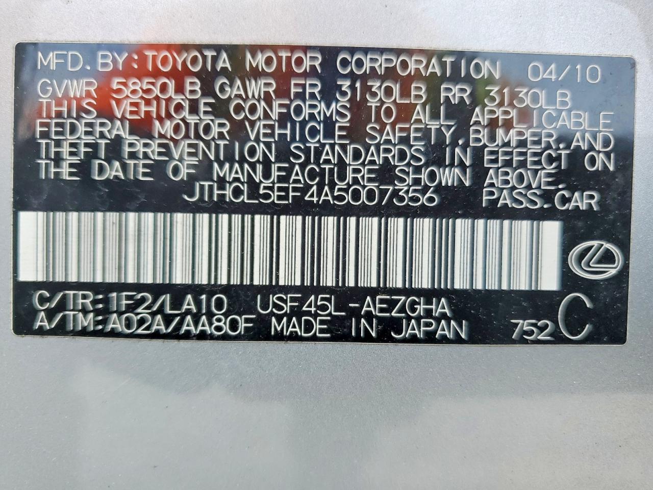 2010 Lexus Ls 460 Silver vin: JTHCL5EF4A5007356