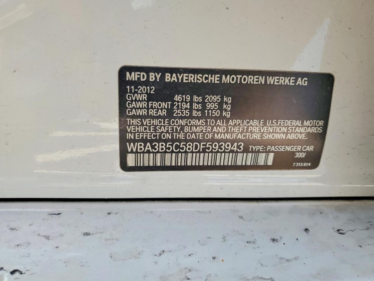 2013 Bmw 328 Xi Sulev White vin: WBA3B5C58DF593943
