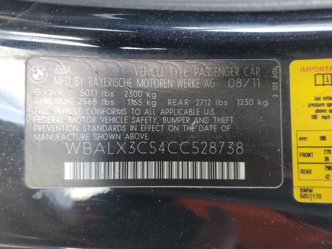 2012 Bmw 650 I Black vin: WBALX3C54CC528738